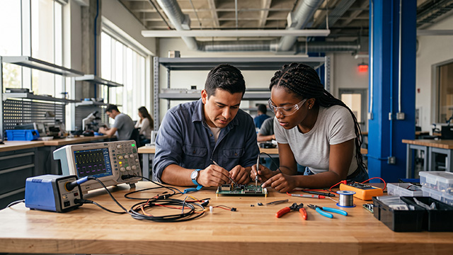 A student testing electronic equipment in an engineering lab