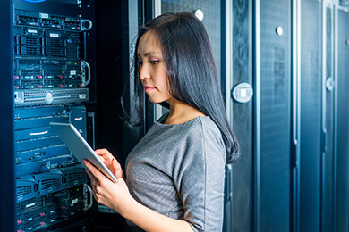 Student working on a server